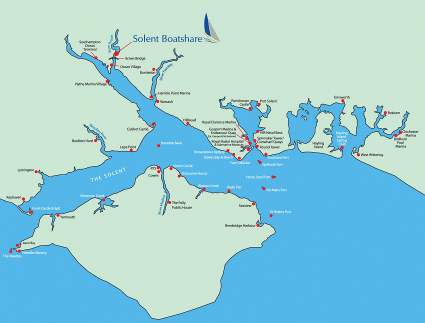Map of The Solent (courtesy of Solent Boatshare, based on the Itchen River in Southampton). It shows the Isle of Wight surrounded by the Hampshire coast from  The New Forest to Portsmouth and on to Chichester. The Solent is one of the most popular places in Europe for sailing.